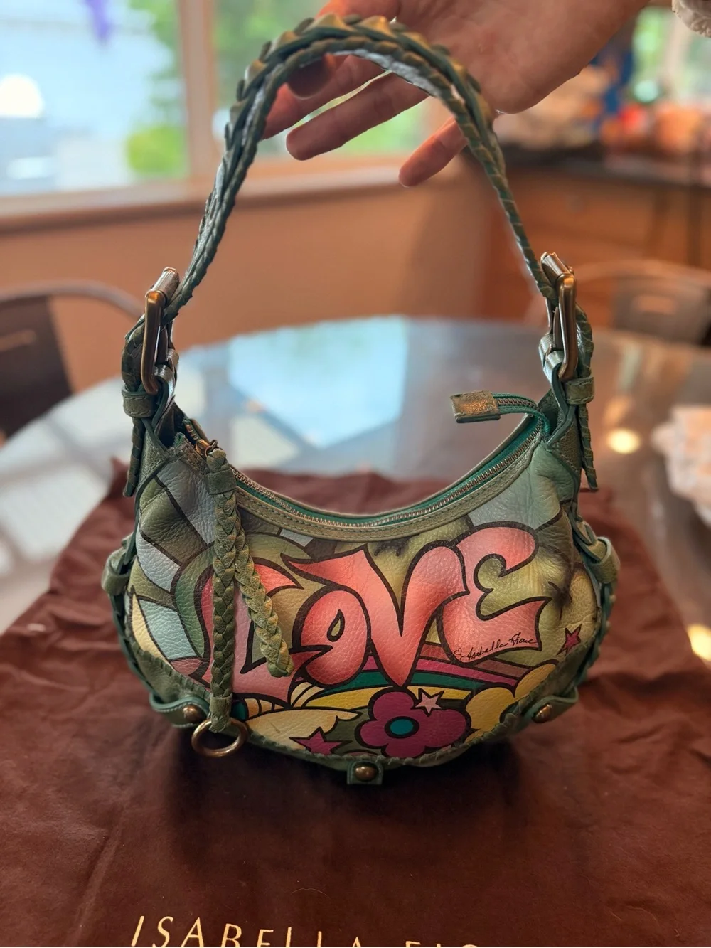 Isabella Fiore Green Leather Shoulder Bag with Pink & Teal 'LOVE' Graphic - Picture 2 of 6